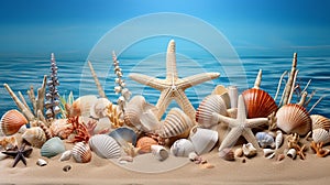 Assorted Seashells and Starfish Arranged on Sand