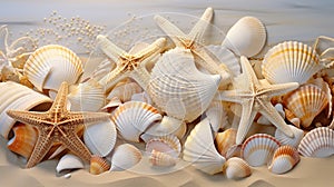 Assorted Seashells and Starfish Arranged on Sand