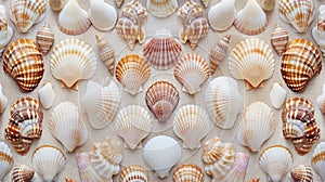Assorted seashells with varied patterns symmetrically arranged on a sandy background, capturing marine diversity