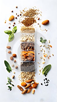 Assorted seeds and nuts in transparent container