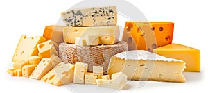 Assorted selection of various cheese types stacked and isolated on a white background