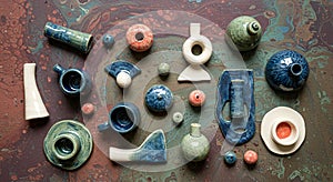 Assorted small ceramic objects in various shapes and sizes are arranged on a