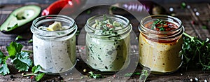 Assorted small jars of homemade ranch dressing with avocado, herbs, and hot pepper.