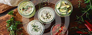 Assorted small jars of homemade ranch dressing with avocado, herbs, and hot pepper.