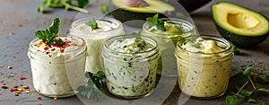 Assorted small jars of homemade ranch dressing with avocado, herbs, and hot pepper.