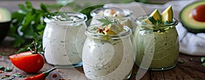 Assorted small jars of homemade ranch dressing with avocado, herbs, and hot pepper.