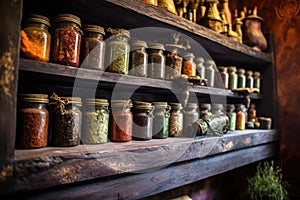 assorted spice jars displayed on rustic shelves