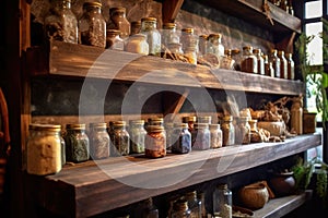 assorted spice jars displayed on rustic shelves