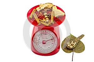 Assorted spices for China Pharmaceutical Equipment in red weight scale , pill in wooden spoon on dry Sacred fig leaf