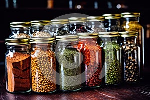 Assorted Spices in Glass Jars on Black Background - Vibrant Colors and Textures for Appetizing Cooking