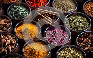 Assorted Spices and Herbs in Kitchen Bowls