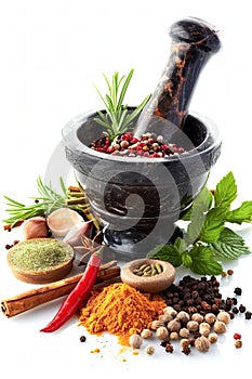 Assorted Spices and Herbs With Mortar and Pestle on a White Background