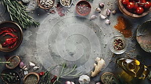 Assorted spices and herbs on a rustic surface