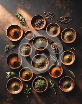 Assorted spices and herbs in wooden bowls on a dark background