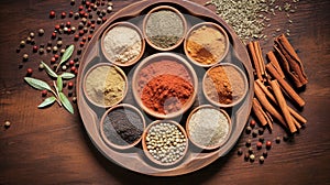 Assorted Spices and Herbs on Wooden Table