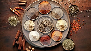 Assorted Spices and Herbs on Wooden Table