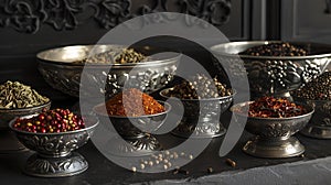 Assorted spices in ornate silver bowls on a dark background, exquisite food styling. culinary arts and flavors enhancing