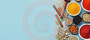 Assorted spices, seasonings and herbs in bowls on a blue background. Top view. Wide banner with copy space. Concept of