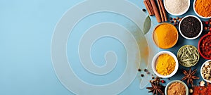 Assorted spices, seasonings and herbs in bowls on a blue surface. Top view. Wide banner with copy space. Concept of