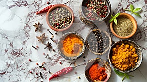 Assorted spices, seasonings and herbs in bowls on a light marble surface. Top view. Banner with copy space. Concept of