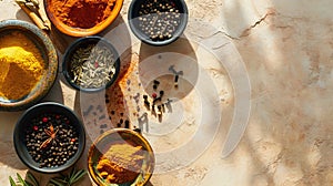 Assorted spices, seasonings and herbs in bowls on a textured light backdrop. Top view. Banner with copy space. Concept