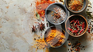 Assorted spices, seasonings and herbs in bowls on textured light backdrop. Top view. Banner with copy space. Concept of