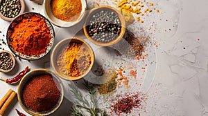 Assorted spices, seasonings and herbs in bowls on a textured light background. Top view. Banner with copy space. Concept