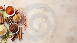 Assorted spices, seasonings and herbs in bowls on a textured light surface. Top view. Banner with copy space. Concept of