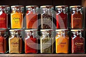 Assorted Spices in Translucent Glass Jars - Backlight Enhancing Translucence, Arranged on a Rustic Wooden Surface photo