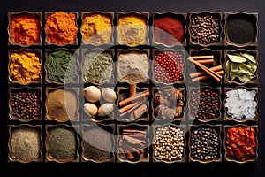 Assorted Spices in Wooden Compartments. Generative AI