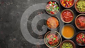Assorted Spicy Salsas and Dips on Dark Textured Background photo