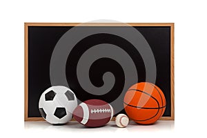 Assorted sports balls with a chalkboard background
