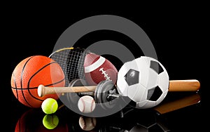 Assorted sports equipment on black