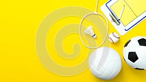 Assorted sports equipment including a soccer ball, volleyball, baseball, badminton racket on a yeallow background