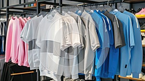 Assorted sportswear on hangers in a retail store