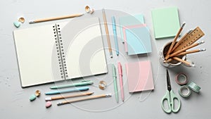 Assorted stationery items on a white surface include an open spiral