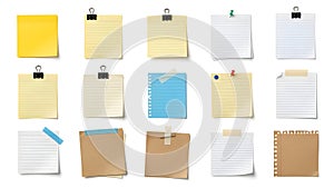 Assorted sticky notes and papers isolated on white background