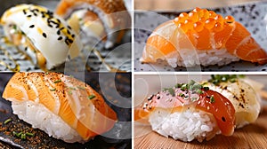 Assorted Sushi Delights on Dark Plates, Gourmet Japanese Cuisine. Culinary Art, Tasty Sushi Selection for Fine Dining