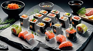 Assorted sushi nigiri and maki big set on slate. A variety of Japanese sushi with tuna, crab, salmon, eel and rolls. Generative AI