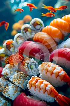 Assorted Sushi and Sashimi Delicacies on Blue Background Fresh Seafood, Japanese Cuisine, Delicious Nigiri, Maki