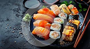 Assorted Sushi Set on Black Slate with Soy Sauce