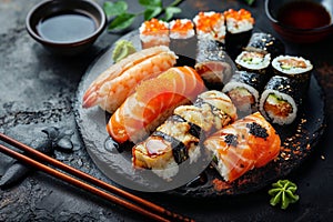 Assorted Sushi Set on Black Stone Plate, Japanese Cuisine