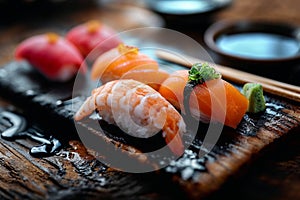 Assorted Sushi Set on Rustic Wooden Board