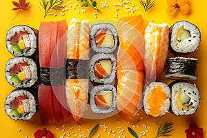 Assorted Sushi Set on Vibrant Yellow Background
