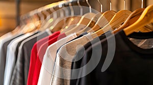 Assorted T-Shirts on Wooden Hangers Displayed in a Store. Fashion Retail Concept with a Variety of Casual Clothes