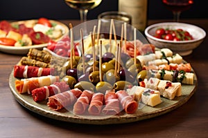 assorted tapas with toothpicks centrally placed in a plate