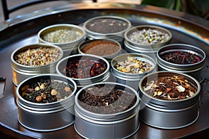 assorted tea blends in tins presented on a platter