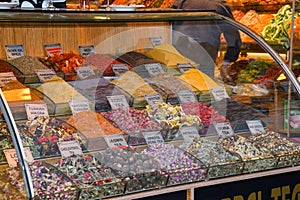 Assorted tea and spices specialties in Istanbul Turkey, Grand Bazaar