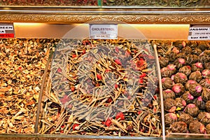 Assorted tea and spices specialties in Istanbul Turkey, Grand Bazaar