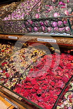 Assorted tea and spices specialties in Istanbul Turkey, Grand Bazaar